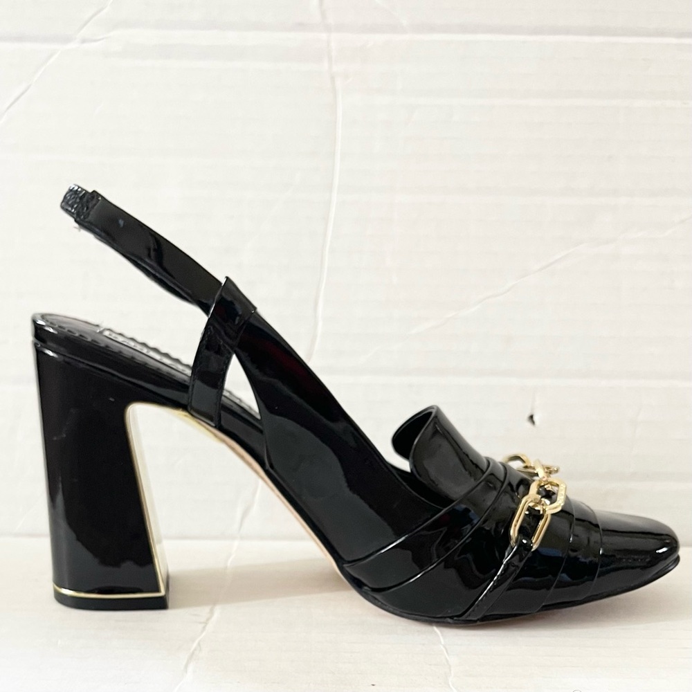 Karl Lagerfeld Georgie Black and Gold Tone Chain Slingback Block Heels 8M NEW
